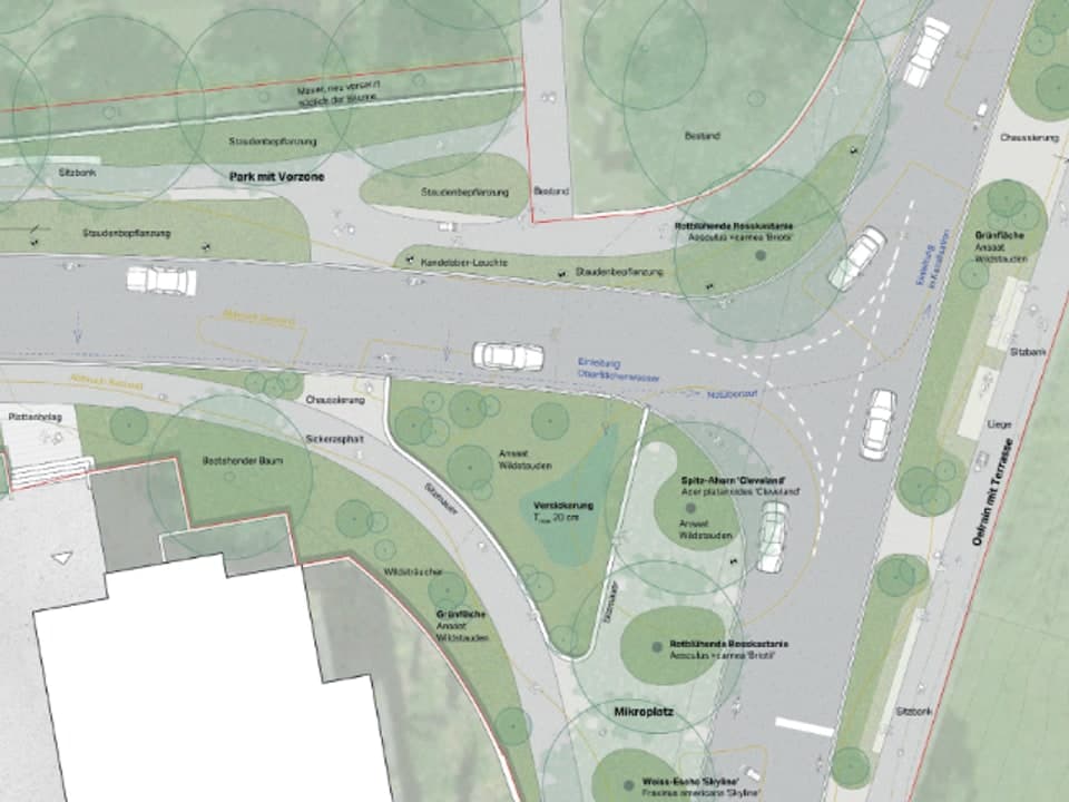 Gestaltungsplan VIA VIVA für den Knoten Oelrain: vortrittsgeregelte Kreuzung, Mikroplatz, Park mit Vorzone und Versickerungsflächen statt Kreisel