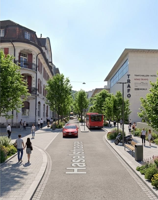 Visualisierung derselben Blickachse mit Baumreihen, breiten Gehflächen, Bepflanzung und Bus