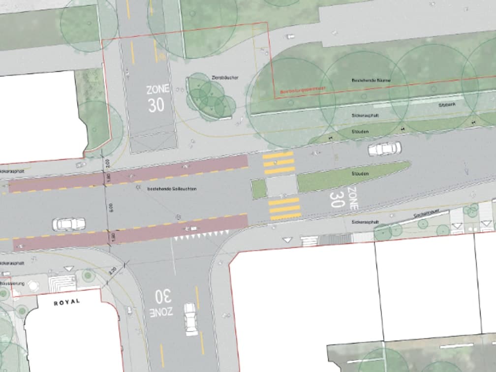 Gestaltungsplan VIA VIVA für den Knoten Royal mit Tempo-30-Zone, Trottoirüberfahrt und eingefärbten Radstreifen