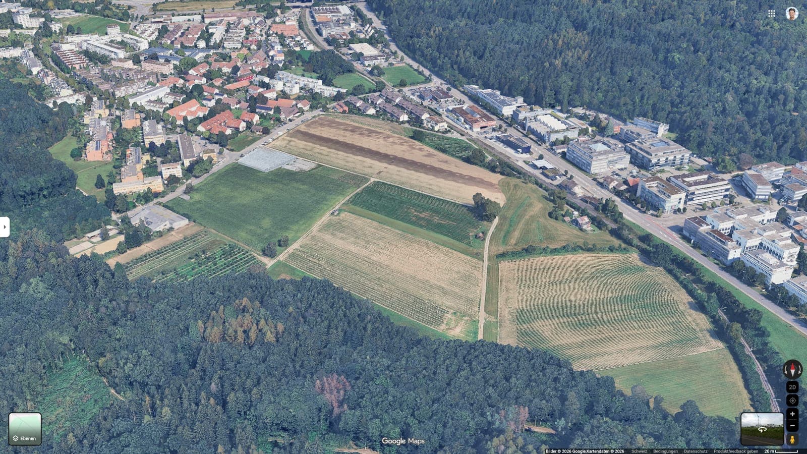 Luftaufnahme des heutigen Galgenbuck-Areals in Baden-Dättwil: über 15 Hektaren Landwirtschaftsland zwischen dem Wohnquartier und der Mellingerstrasse