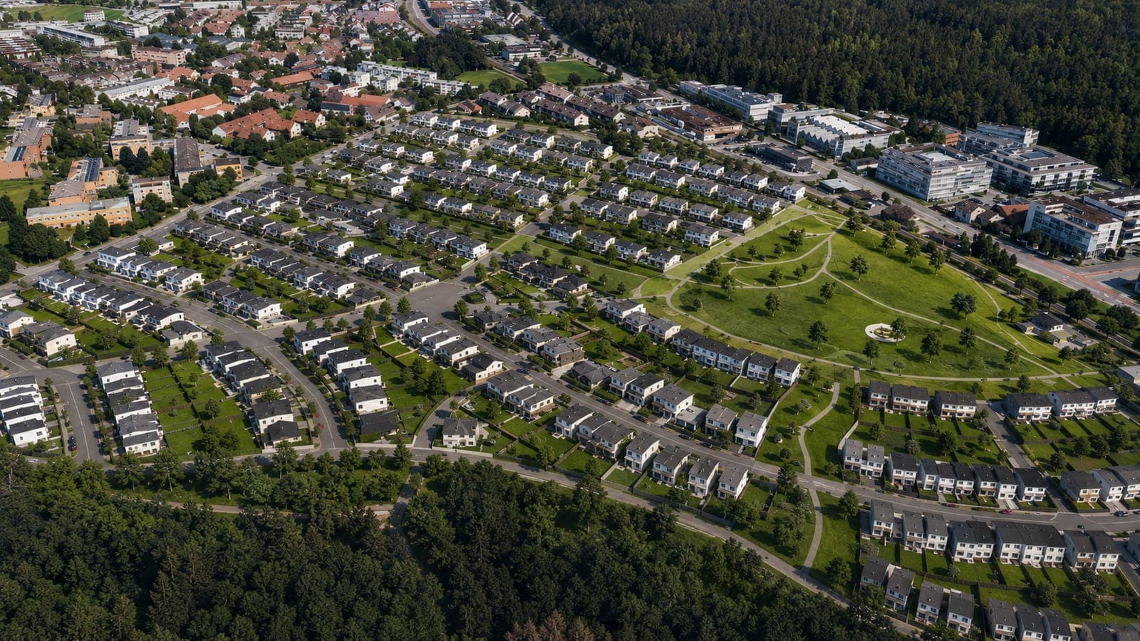 Visualisierung eines unrealistischen Einfamilienhaus-Szenarios am Galgenbuck in Dättwil mit ausgedehnter Vorstadt-Siedlung
